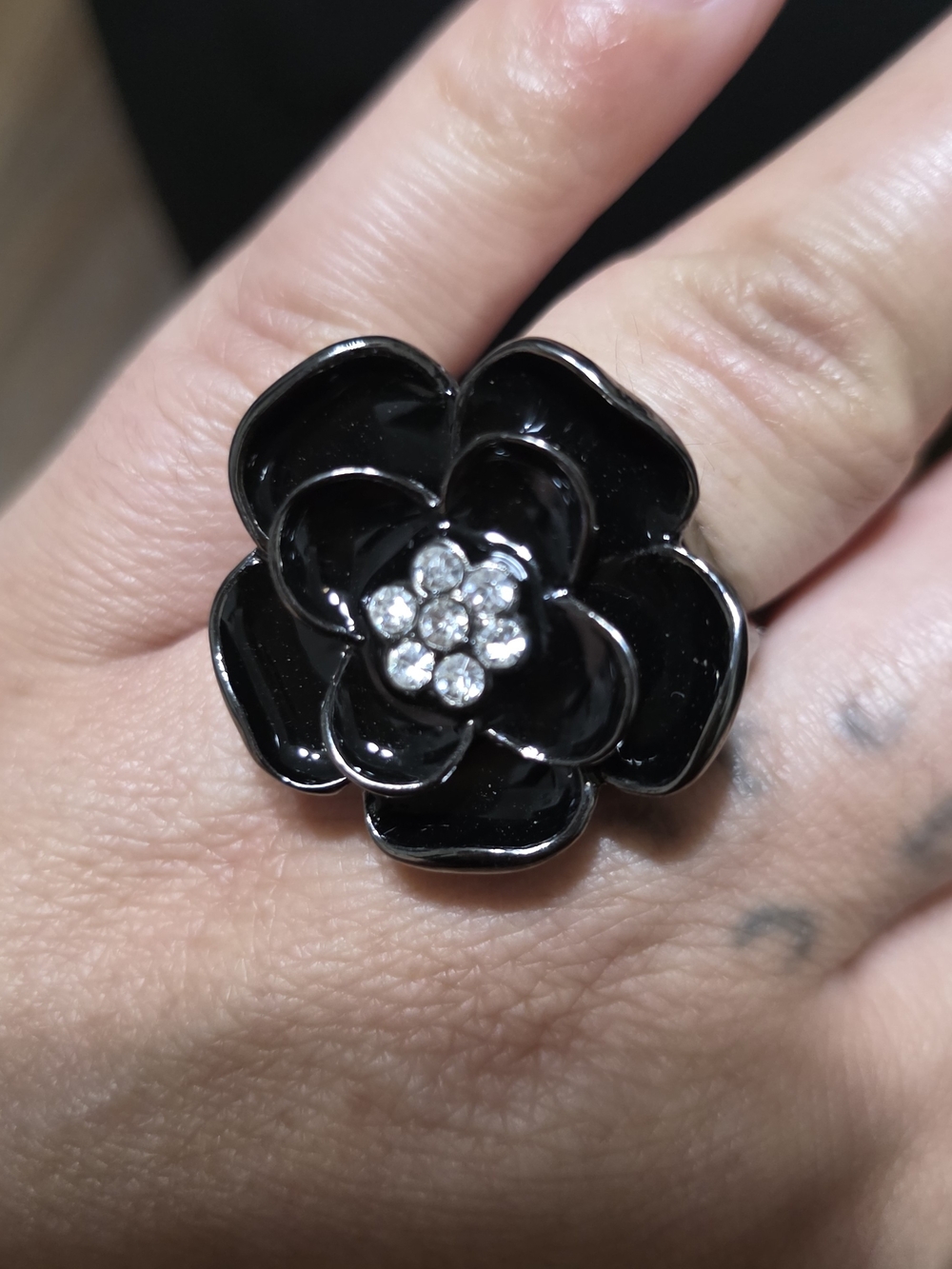 Black Floral Cocktail Ring with Crystal Center